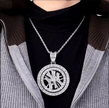 Silver Plated Iced CZ NY New York Yankees Pendant + 20&quot; Rope Chain Neckl... - £19.38 GBP