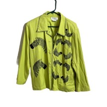 Vtg Great Cavalier Women’s Lime Green Zebra Embroidery Silk Jacket Pockets Sz M - £16.49 GBP