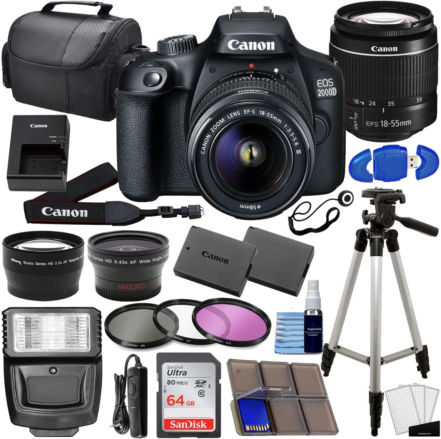 Complete Photo Bundle For The Canon Eos 2000D (Rebel T7) Dslr Camera, And Case. - $565.96