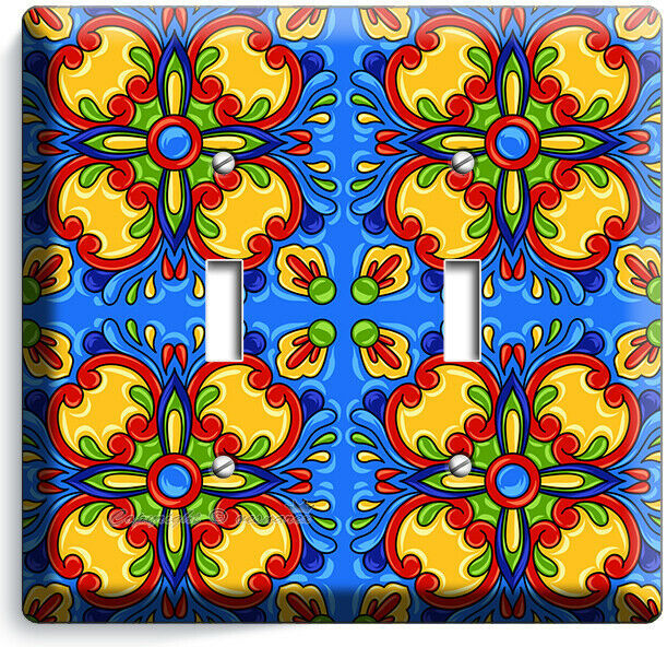 BLUE MEXICAN TALAVERA TILE LOOK 2 GANG LIGHT SWITCH PLATE KITCHEN FOLK ART DECOR