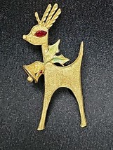 Vintage MYLU Christmas Reindeer Brooch Pin Red Green Gold Tone Missing S... - $24.25