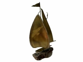 Sailboat Sculpture Brass Metal Burl Wood Base Nautical Boat Ship 17&quot; Vintage - £32.49 GBP