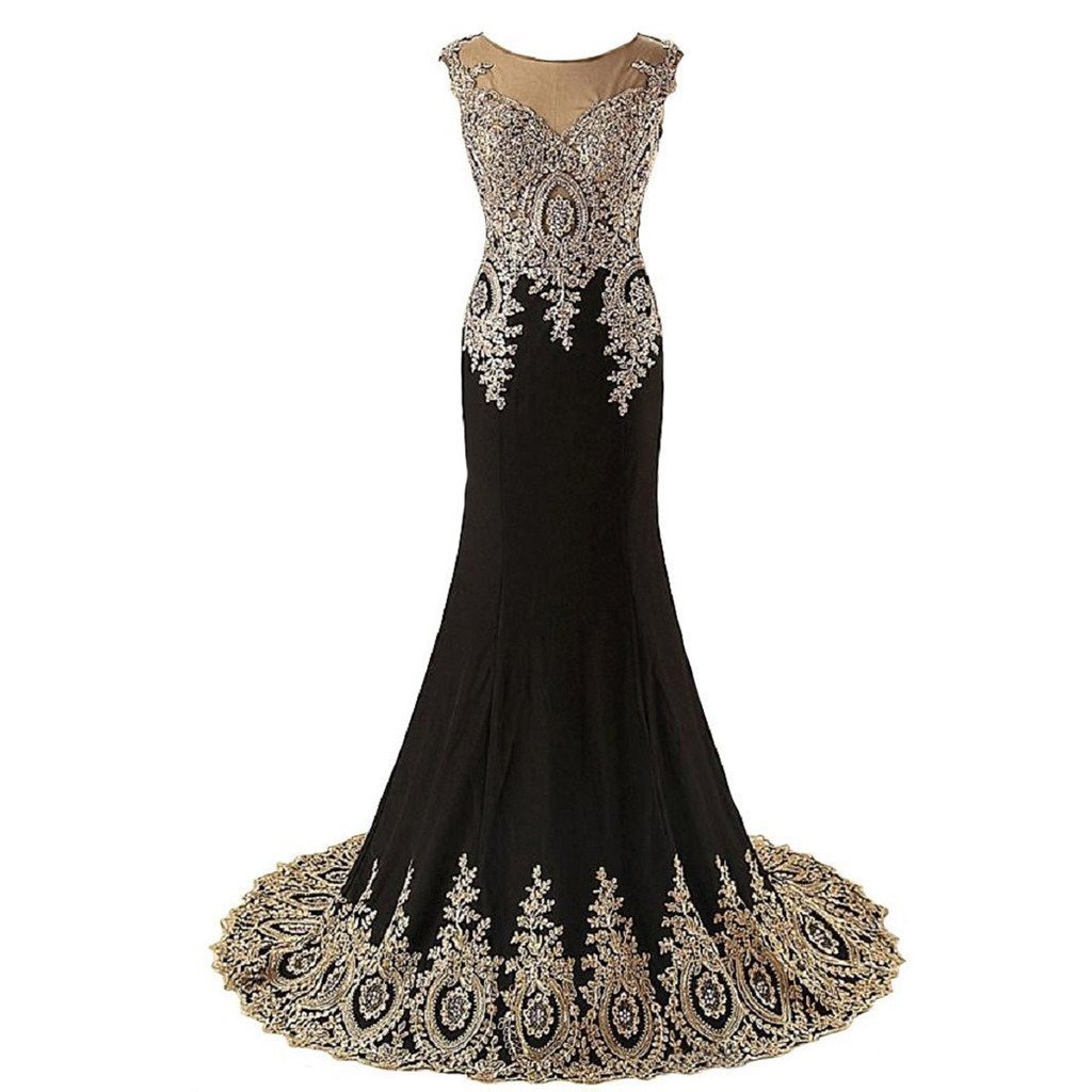 Sheer Bateau Long Mermaid Gold Lace Beaded Crystals Formal Prom Evening Dresses