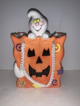 Halloween Decor Ceramic Planter Decoration Ghost In Treat Or Treat Bag 6” - £13.48 GBP