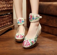 Vintage Women Shoes Ankle Wrap Canvas Flats Platforms Ladies Cotton Embroidered  - £29.43 GBP