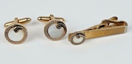 Vintage Swank Gold Tone Cuff Links &amp; Tie Clip Set Mother Of Pearl? Circle Swirl - £12.38 GBP