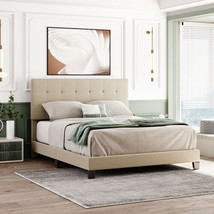 Upholstered Platform Bed with Tufted Headboard, Box Spring Needed Queen Size - £165.87 GBP