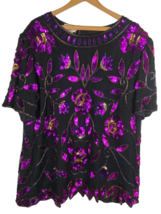 Stenay Top Shirt Size XL 1X Vintage Beaded Silk Black Purple Sequin Evening Wear - £66.03 GBP