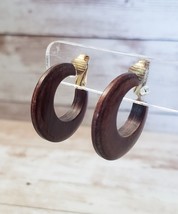 Vintage Clip On Earrings Brown Wooden Hoops Retro 1 &amp; 1/8&quot; - £11.16 GBP
