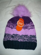 Wonder Nation Girls Pom Beanie Hat Fleece Lined Violet Bloom Stripe Fashion Hat - £7.41 GBP