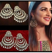 Indian Bollywood Style Gold Plated Kundan Dangle Earrings Chandbali Jewelry Set - £22.33 GBP