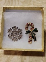 Lot Of 2 Holiday Christmas Winter Brooches Candycane &amp; Snowflake - £11.17 GBP