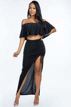 Black Off The Shoulder Ruffled Cropped Top And Ruched Maxi Skirt outfit ... - £14.94 GBP
