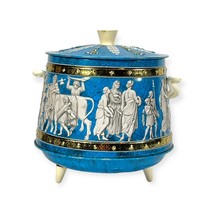 Vintage Roman / Greek Embossed Wedding Scene Footed Round Tin Sewing Trinket Box - $21.56