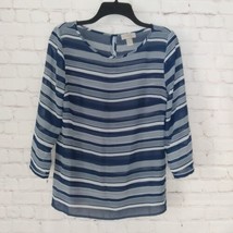 Loft Blouse Womens Small Blue White Striped Sheer 3/4 Sleeve Boatneck Top Flaw - £14.14 GBP