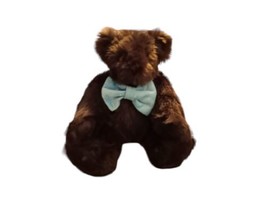 Authentic Vermont Teddy Bear Blue Neck Jointed Dark Chocolate Brown 16” HM USA - £22.45 GBP