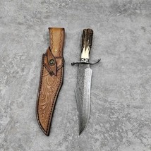 HANDMADE DAMASCUS STEEL HUNTING KNIFE FIXED BLADE HORN HANDLE BOWIE WITH... - £133.35 GBP
