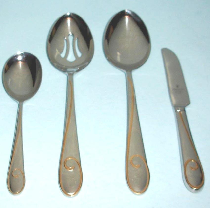 Waterford Ballet Ribbon Gold 4 PC. Stainless Hostess Set w/Golden Swirl New - $74.15