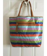 Large Rainbow Nylon Faux Leather Trim Double Handle Beach Bag Shopping T... - $12.34