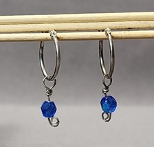 Vintage Sterling Silver Hoop Earrings .75&quot; .925 Dangle Drop Blue Bead Pierced - £15.79 GBP