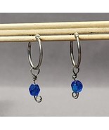 Vintage Sterling Silver Hoop Earrings .75&quot; .925 Dangle Drop Blue Bead Pi... - £15.56 GBP
