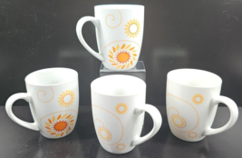4 Rachael Ray Pinwheel Orange Mugs Set Yellow Flowers Dot Scroll Coffee Cups Lot - £31.27 GBP