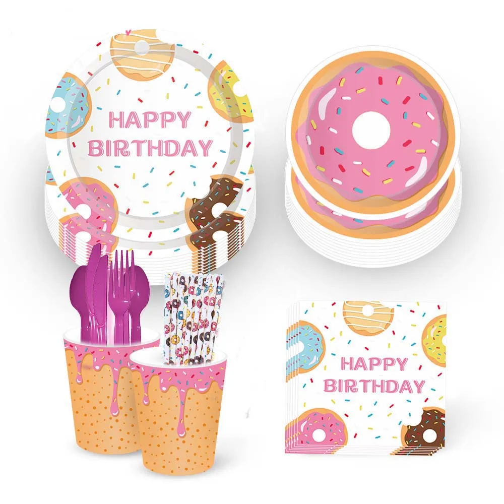 Sporting Donuts Party Decorations Disposable Tableware Paper Plate Cup Napkin Do - £23.90 GBP