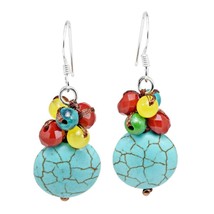 Stylish Circular Green Turquoise Stone &amp; Colorful Bead Cluster Dangle Earrings - £10.83 GBP