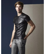 T-shirt uomo pelle nera fatta a mano vera pelle di agnello morbida elega... - $220.69 CAD+