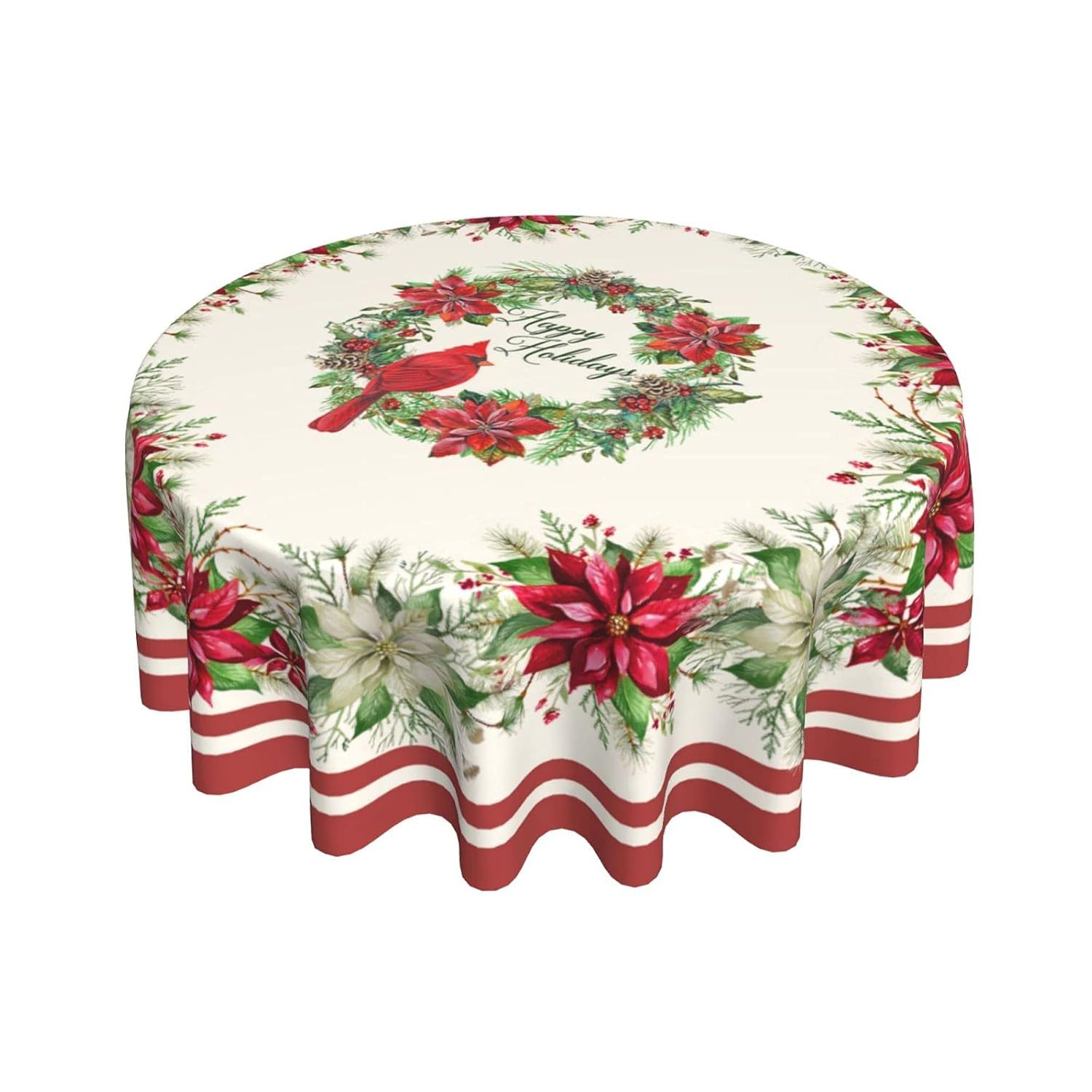 Red Bird Tablecloth Round 60 Inch Red White Floral Tableccloth Merry Christmas C