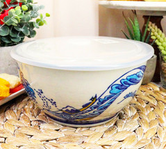 Ebros Set of 2 Ceramic Blue Hokusai Great Wave Portion Meal Bowls 5 Cups W/ Lid - £27.07 GBP