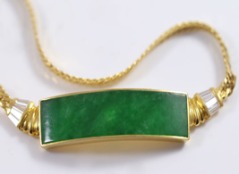 Natural Fine Dark Green Jade Plaque &amp; Diamond Baguette 22K Chinese Yellow Gold N - £1,753.09 GBP