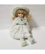 15&quot; Musical Blonde Porcelain Doll Wind Up Blue Eyes Dress and Hat Tea fo... - £8.78 GBP