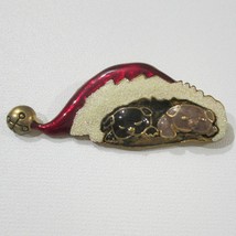 Goldtone Christmas Enamel Brooch Puppies In Santa Hat Pin Holiday Jewelry - $19.77