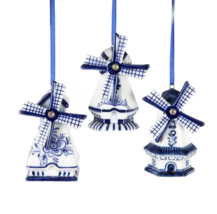 Kurt Adler Set Of 3 Hand Painted Porcelain Delft Blue Windmill Xmas Ornaments - £19.88 GBP