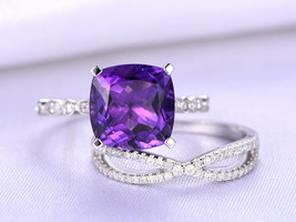 1.25Ct Cushion Cut Amethyst Engagement Bridal Ring Band Set 14k White Gold Over - £73.98 GBP