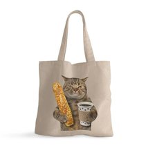 Cat Is Holding a Cup of Black Coffee and a Baguette Small Tote Bag - Fun... - £13.97 GBP