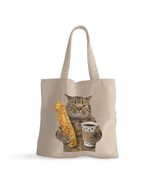 Cat Is Holding a Cup of Black Coffee and a Baguette Small Tote Bag - Fun... - £13.83 GBP
