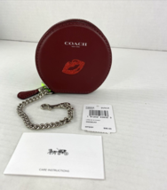 Coach Coin Case Round Leather Red Glitter Lips Kiss Silver Chain F26935 W12 - $94.04