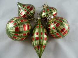 5 Christmas Tartan Plaid Glass Teardrop + Ball Ornaments Red Gold GreenV... - £19.10 GBP