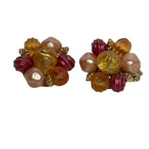 Vintage Cluster Beads Clip-On Earrings Hong Kong Peach Pink Retro - £15.64 GBP