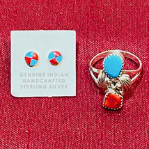 Running Bear Sterling Silver Turquoise &amp; Coral Ring With Coordinating Ea... - £51.67 GBP