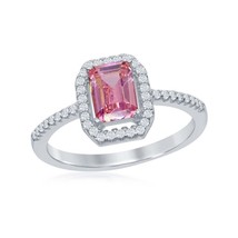 Sterling Silver Emerald-Cut Pink CZ with CZ Border Ring - £25.81 GBP