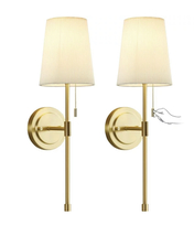 Wall Lamp with pull chain set of 2 with white fabric shade | color Gold  - £50.93 GBP