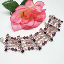 BELLE PARIS Silver Tone Pink Purple Rhinestone Crystal Bead Bracelet - £13.50 GBP