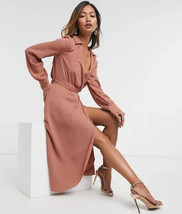 ASOS DESIGN collared wrap midi dress with tie belt in terracotta Size 2 - £22.63 GBP