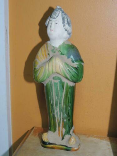 Chinese Terracotta Mud Woman Standing 8.5&quot; Sancai drip glaze yellow gree... - $26.99