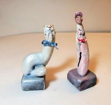 Vintage Folk Art Hand Carved Wood Figures - Cat &amp; Lady In Cap - Signed &quot;Lw 91&quot; - £16.58 GBP