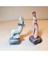 VINTAGE FOLK ART HAND CARVED WOOD FIGURES - CAT &amp; LADY IN CAP - Signed &quot;... - £16.15 GBP