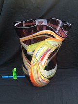 MURANO VERY LARGE 14,2 &quot; HAND BLOWN GLASS ART FLUTED BOWL VASE MULTICOUL... - $597.59